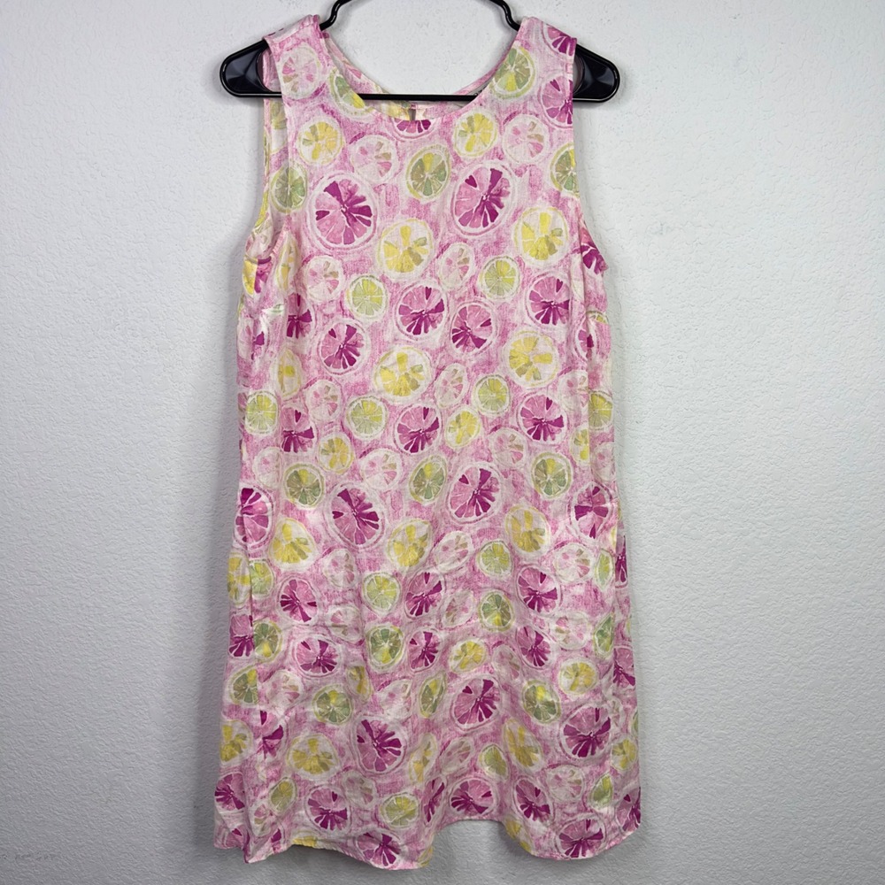 Zozo Dress Womens M Pink‎ Yellow Linen Fruit Coastal Vacation Summer Romantic